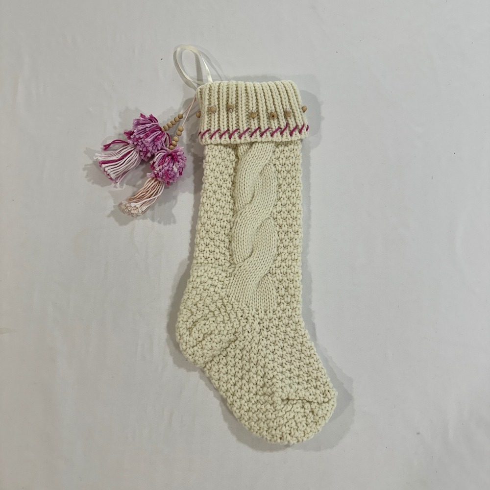 Cable‎ Knit Christmas Stocking Tassels Beads Boho Holiday Cream Pink